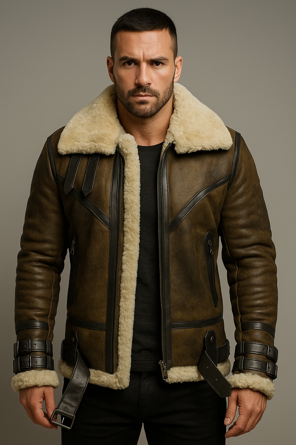 B3 Brown Shearling leather Aviator Coat Mens
