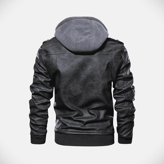 Leather Black Hooded Bomber Jacket Men's