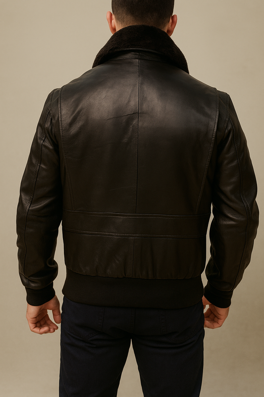 Black Leather Bomber Jacket, Two-Tone Design & Fur Collar