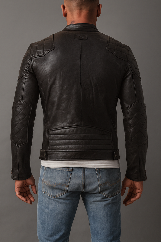 Black Leather Café Racer Jacket With Quilted Shoulders