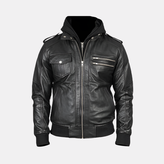Blackspire Men's Black Leather Jacket With Hoodie
