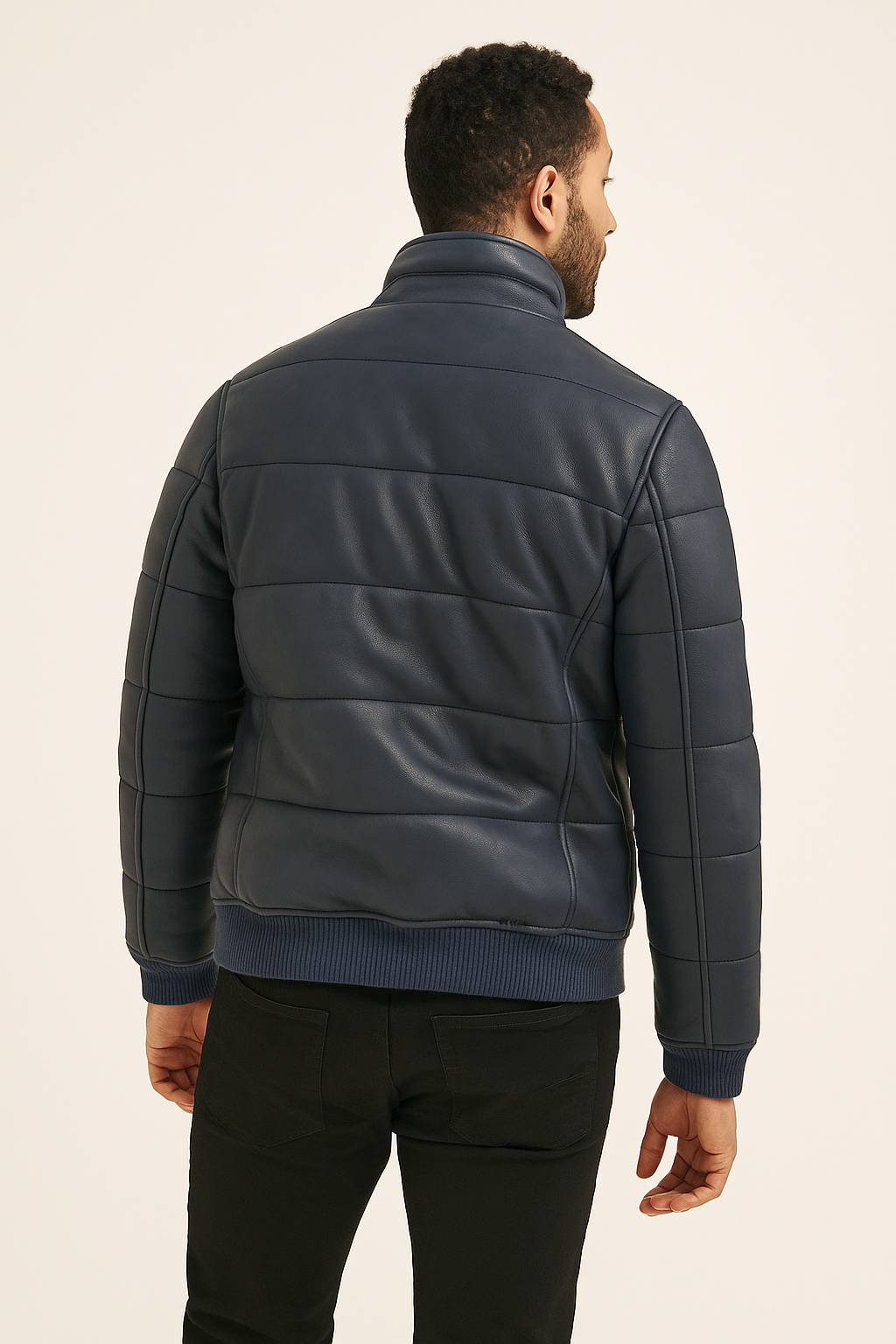Blue Leather Puffer Jacket