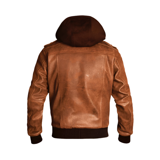 Leather Brown Bomber Jacket With Hood