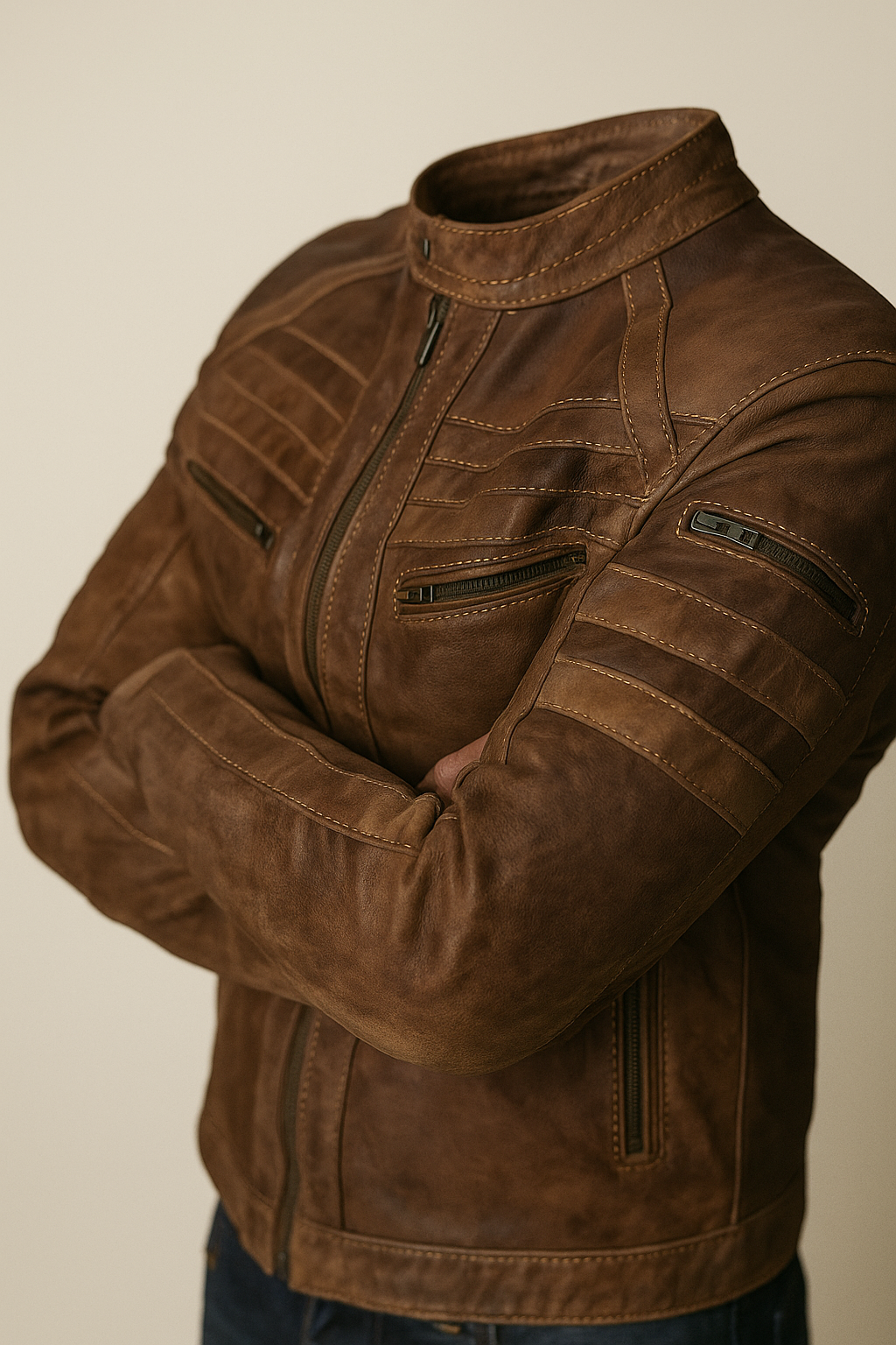 Brown Cowhide Leather Motorcycle Jacket
