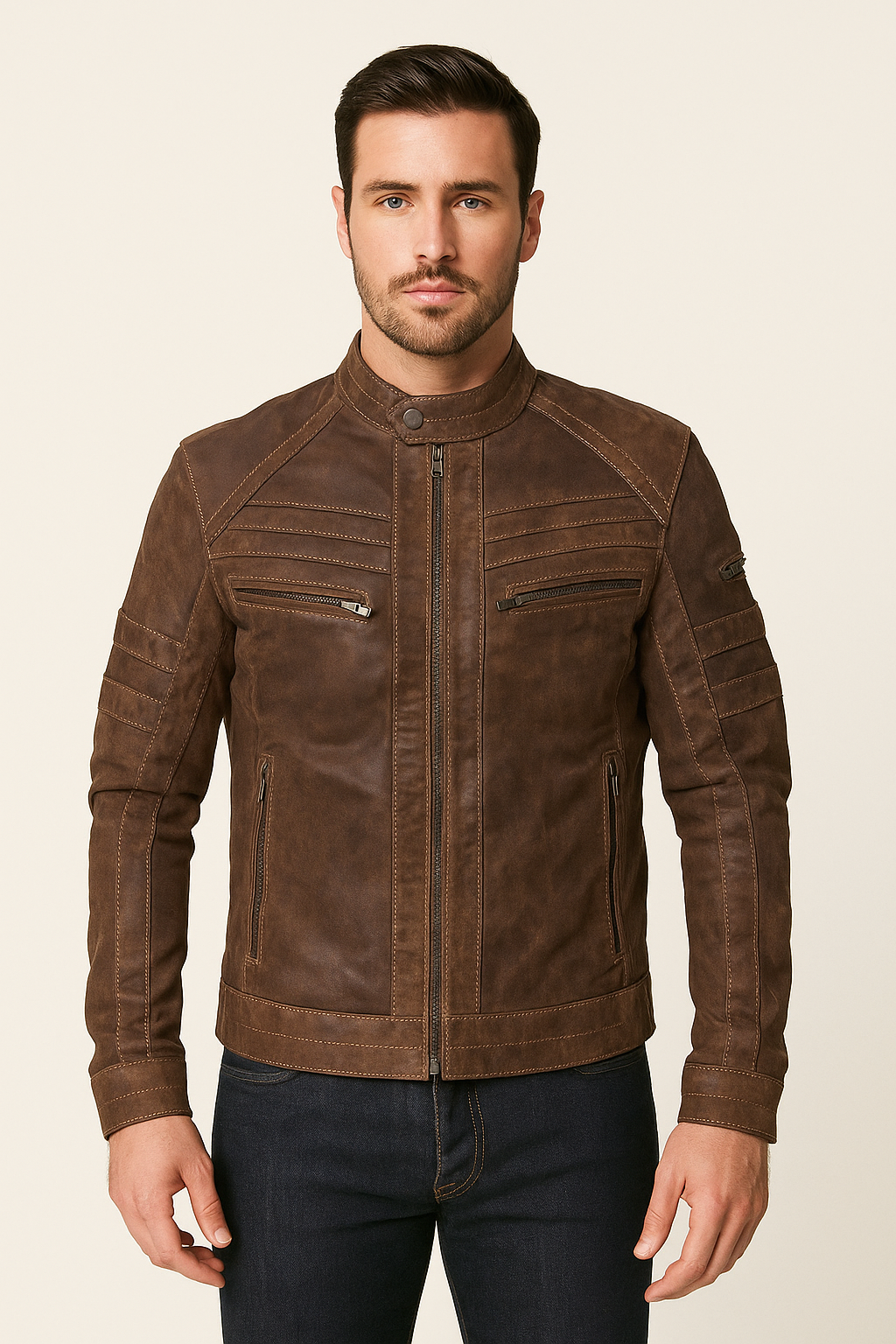 Brown Cowhide Motorcycle Jacket Men's