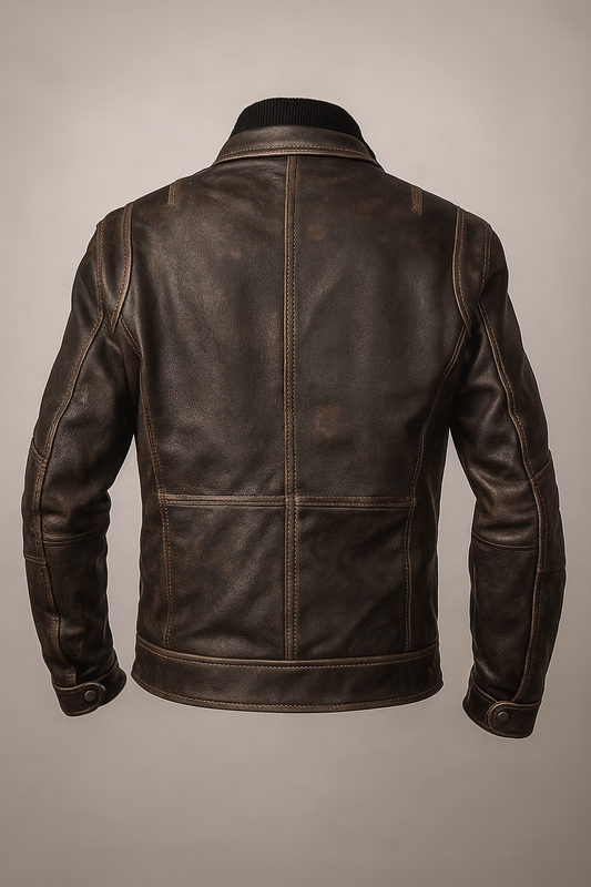 Distressed Black Leather Motorcycle Jacket with Multiple Pockets