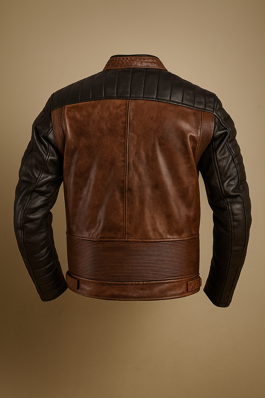 Dual Tone Waxed Leather Jacket - Brown & Black Vintage Biker Style