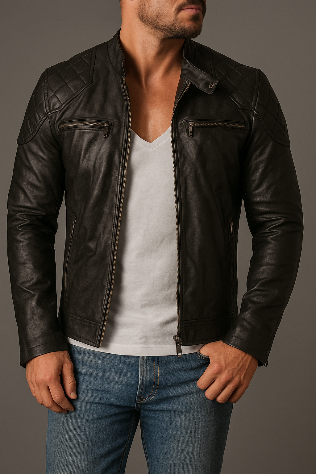 Geniune Black Leather Café Racer Jacket With Quilted Shoulders