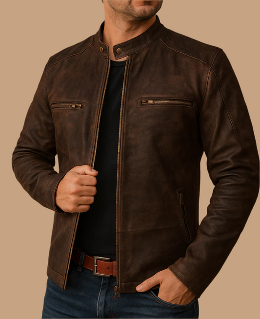 Brown Geniune Suede Leather Moto Jacket