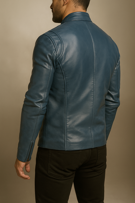 Men Blue Leather Moto Jacket