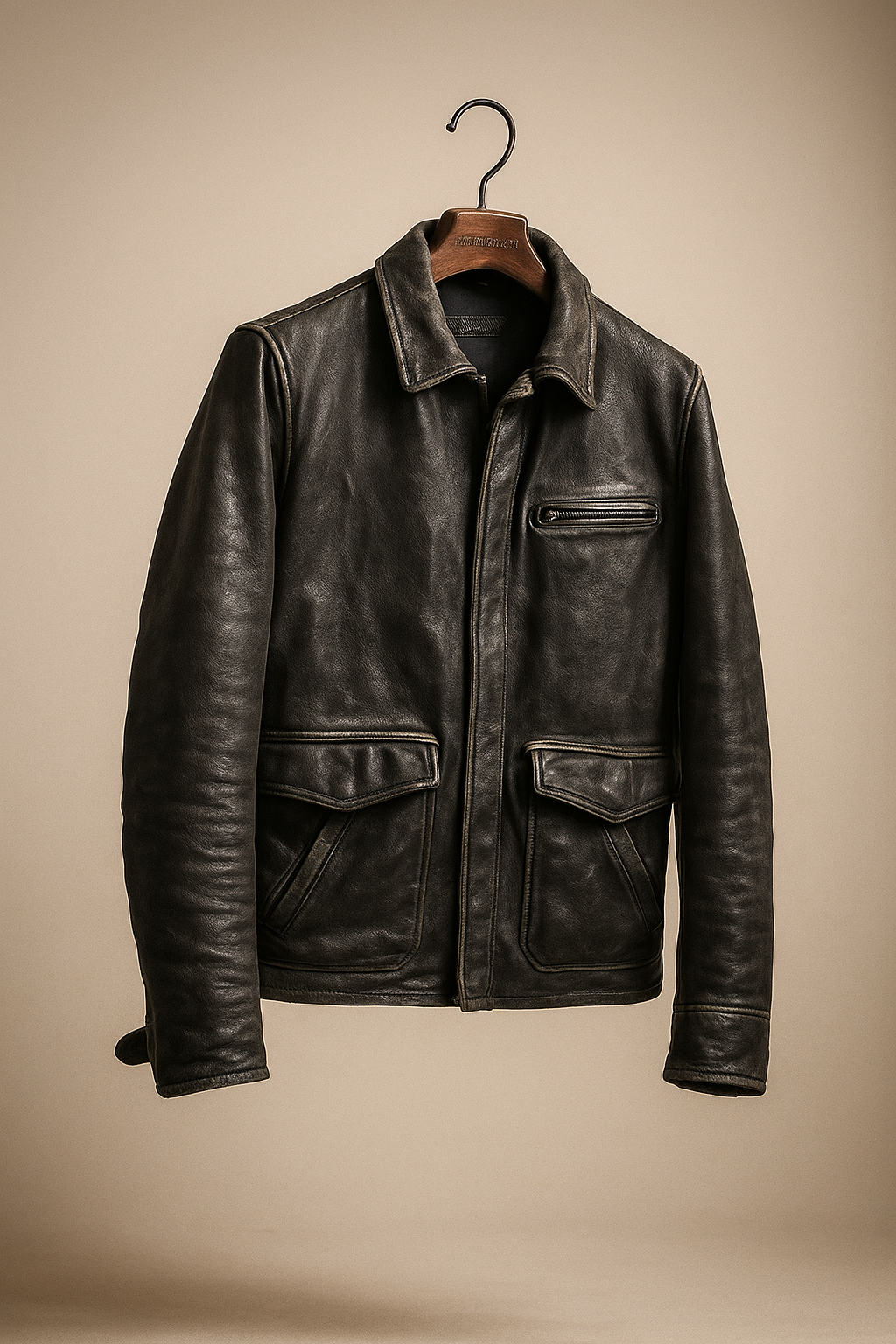 Men’s Black Leather Moto Jacket with Shirt Collar