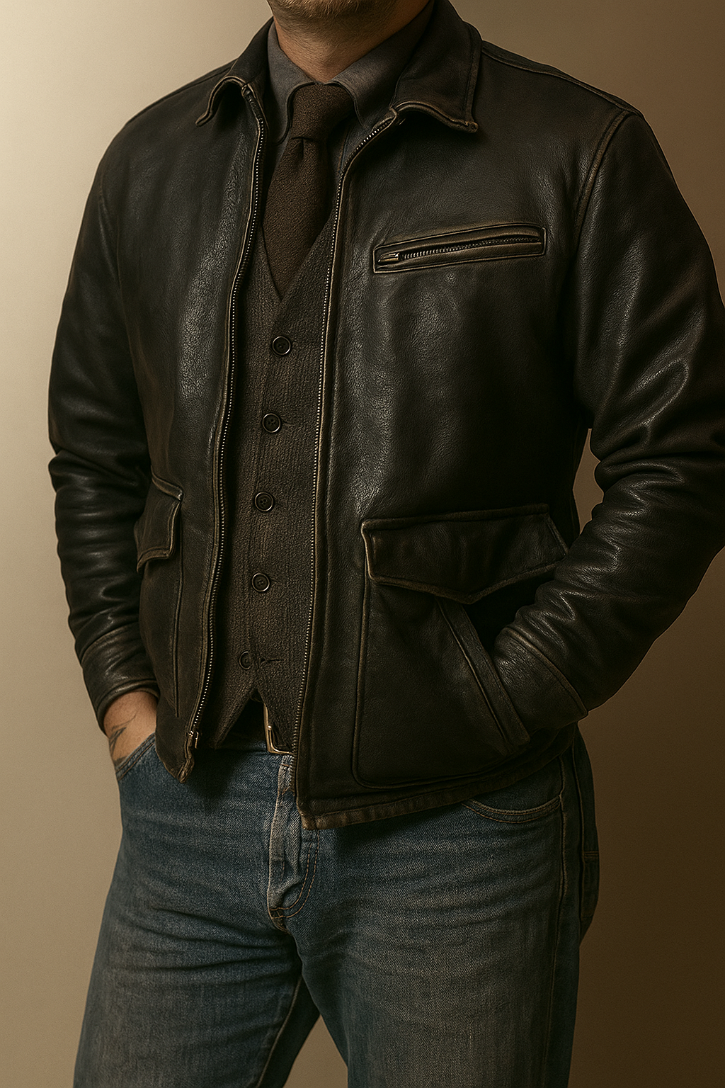Men’s Black Moto Jacket with Shirt Collar