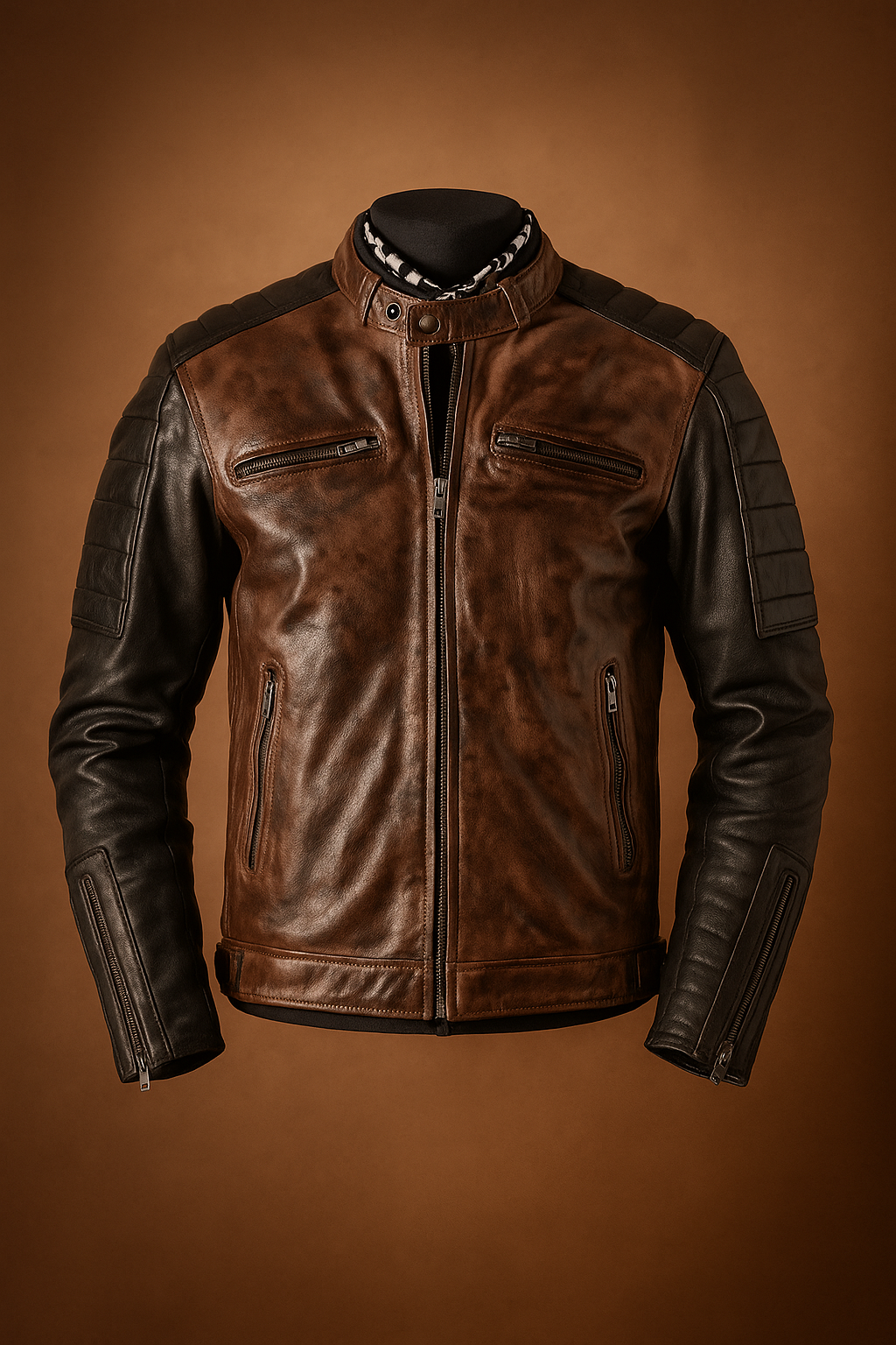 Men’s Dual Tone Waxed Leather Jacket - Brown & Black Vintage Biker Style