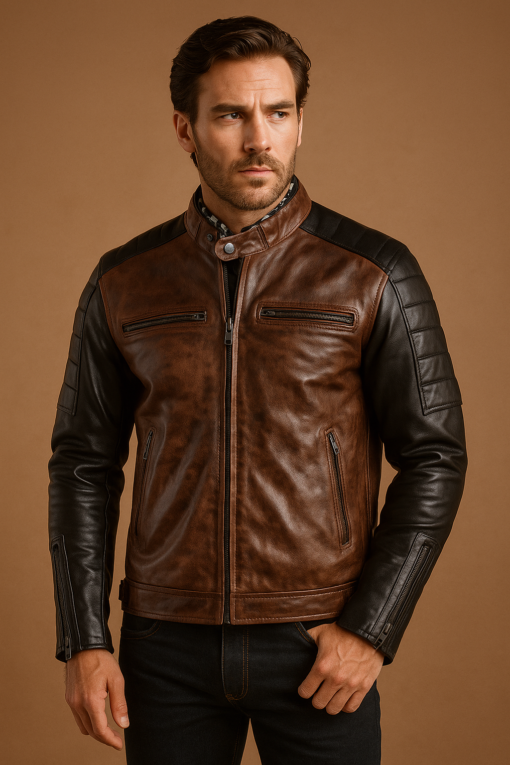 Men’s Dual Tone Waxed Leather Jacket - Brown & Black Vintage Style