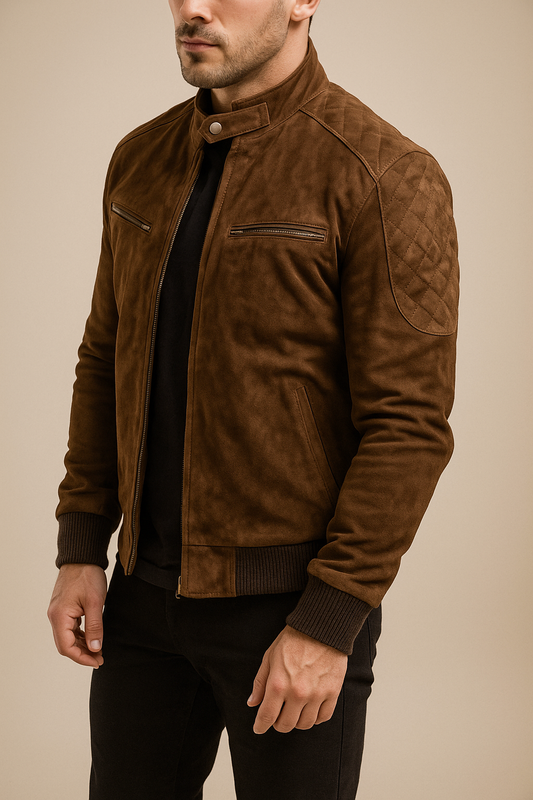 Mocha Suede Bomber leather Jacket Men's