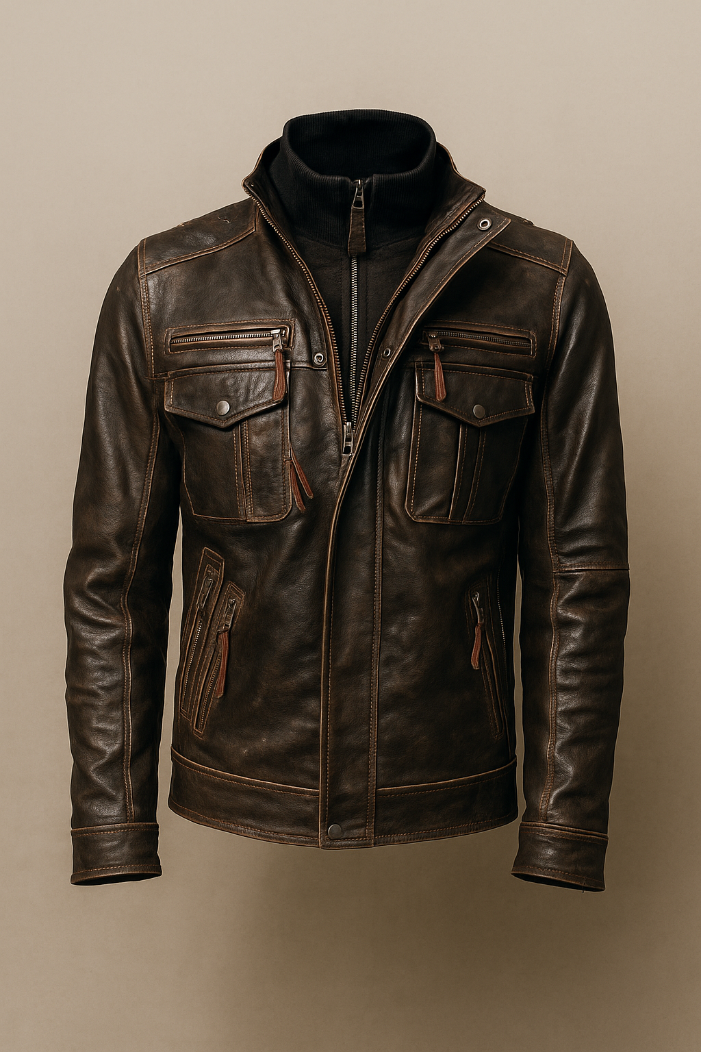 Nightspur Distressed Black Leather Motorcycle Jacket with Multiple Pockets