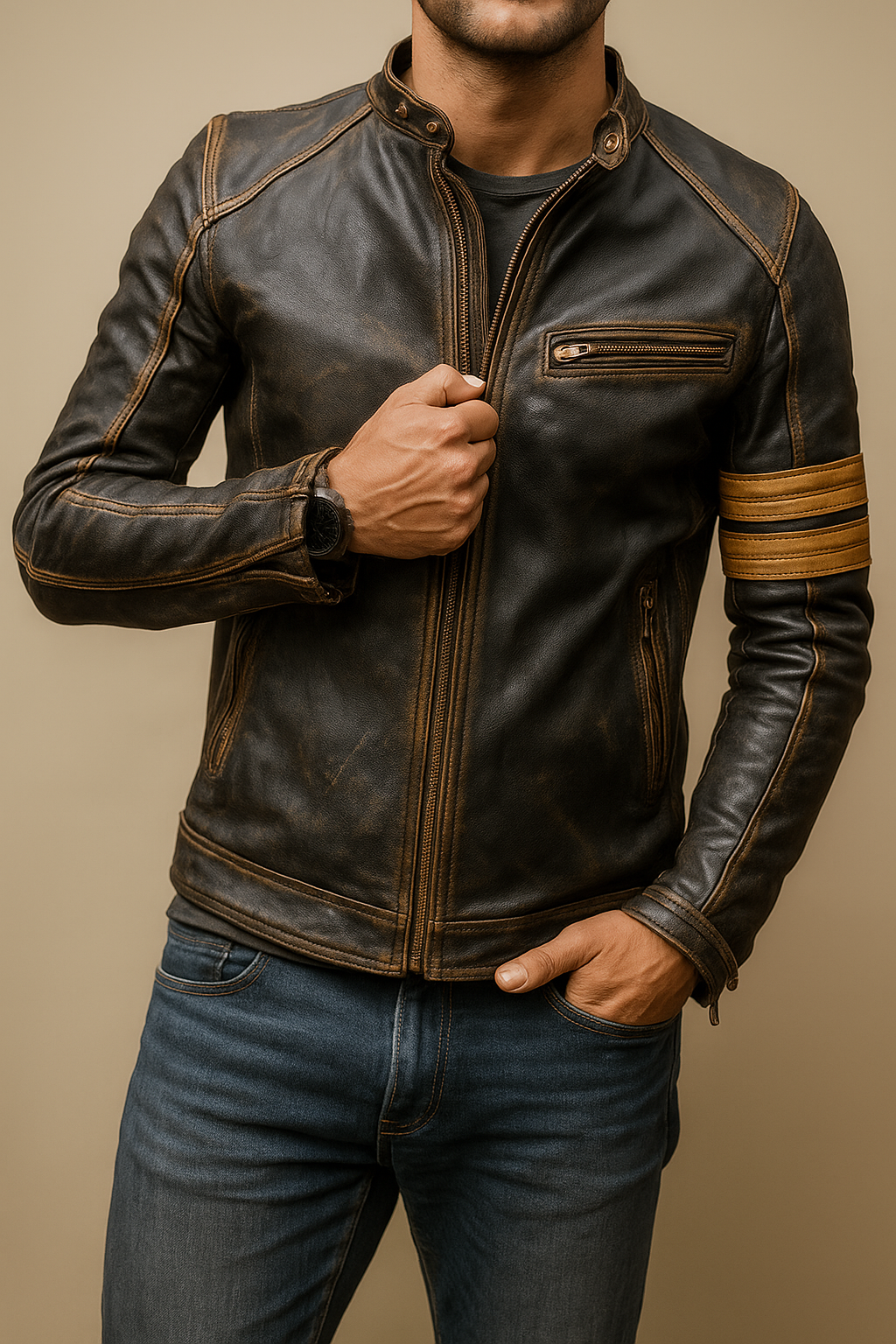 Obsidia Distressed Black Motorcycle Jacket With Yellow Patches
