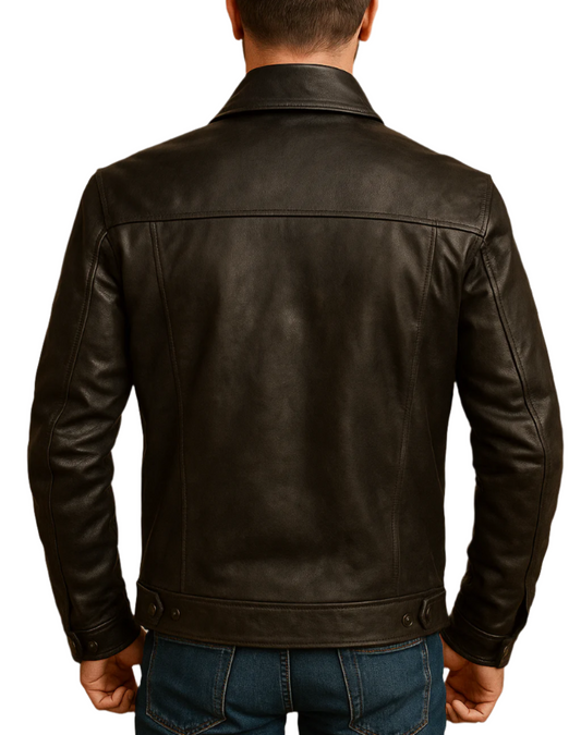 Black waxed Leather Trucker Jacket