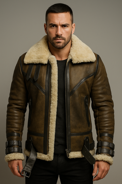 B3 Brown Shearling leather Aviator Coat Mens