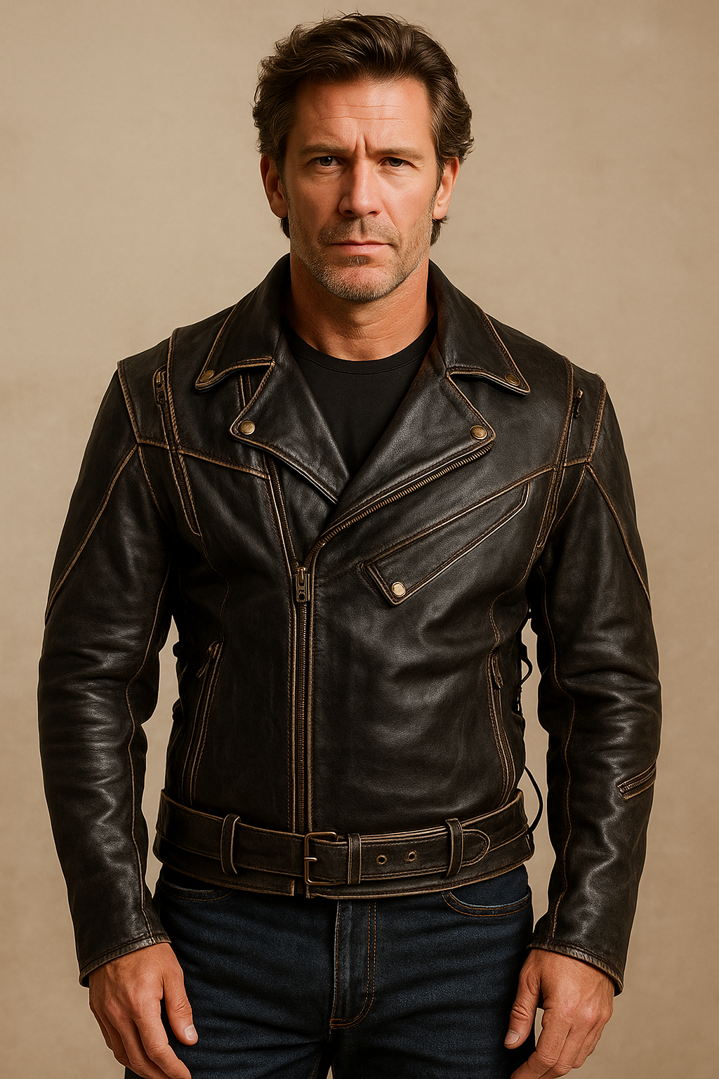 Black Leather Double Rider Biker Jacket