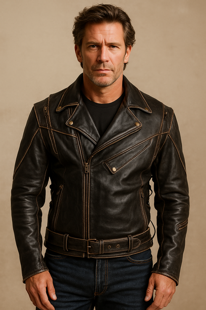 Black Leather Double Rider Biker Jacket