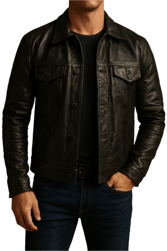 Black waxed Leather Trucker Jacket