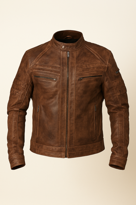 Brown Cowhide Leather Motorcycle Jacket Men's