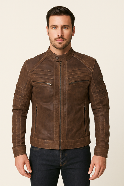 Brown Cowhide Motorcycle Jacket Men's