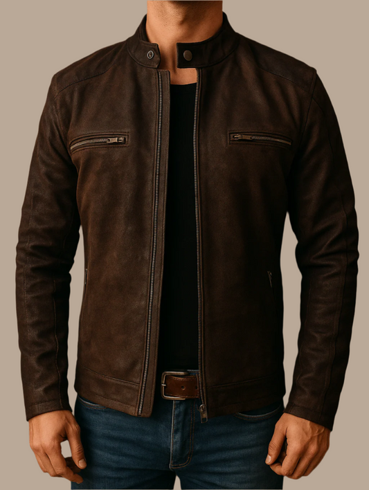 Brown Geniune Suede Leather Moto Jacket