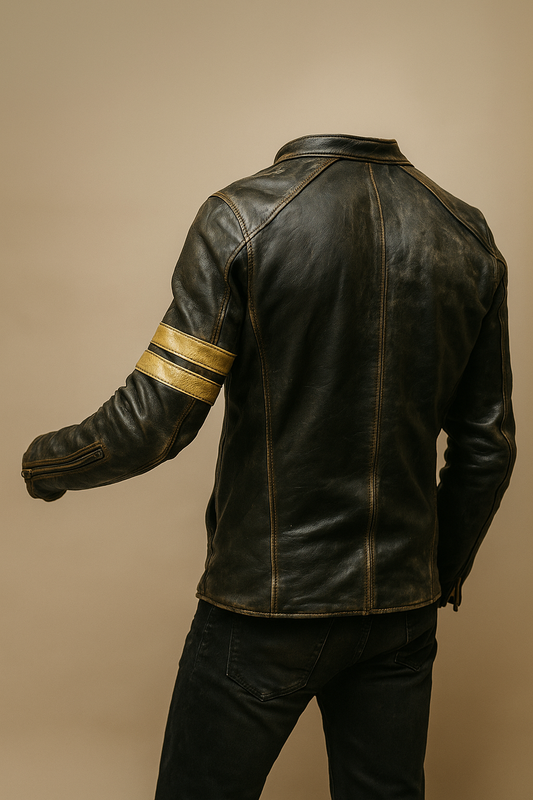 Distressed Black Motorcycle Jacket With Yellow Patches