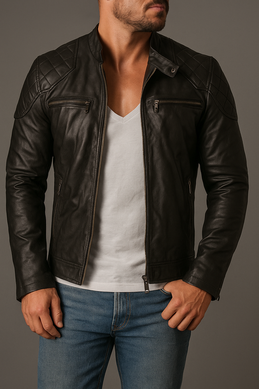 Geniune Black Leather Café Racer Jacket With Quilted Shoulders