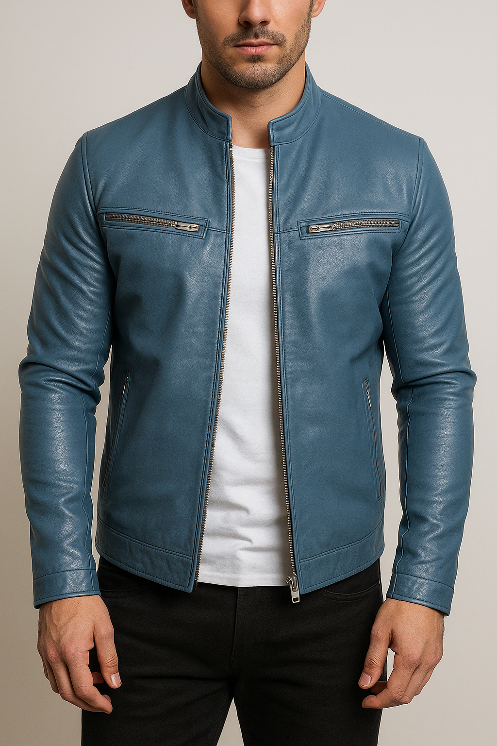 Iconic Men Blue Leather Moto Jacket