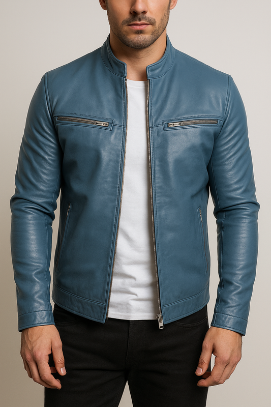 Iconic Men Blue Leather Moto Jacket