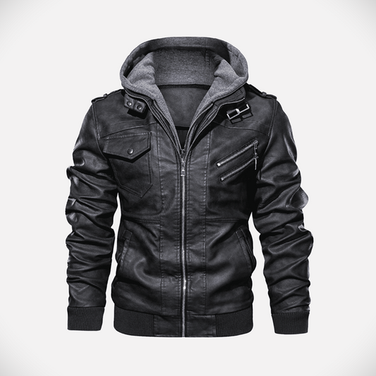 Leather Black Hooded Bomber Jacket Men's