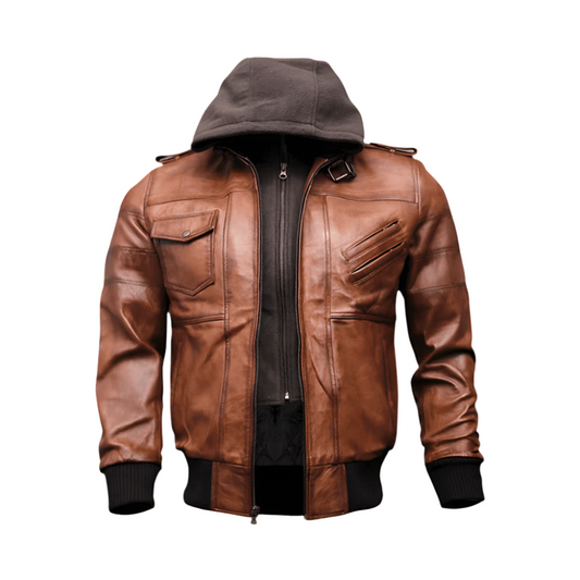 Leather Brown Bomber Jacket With Hood