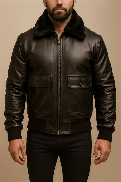Men’s Black Leather Bomber Jacket, Two-Tone Design & Fur Collar
