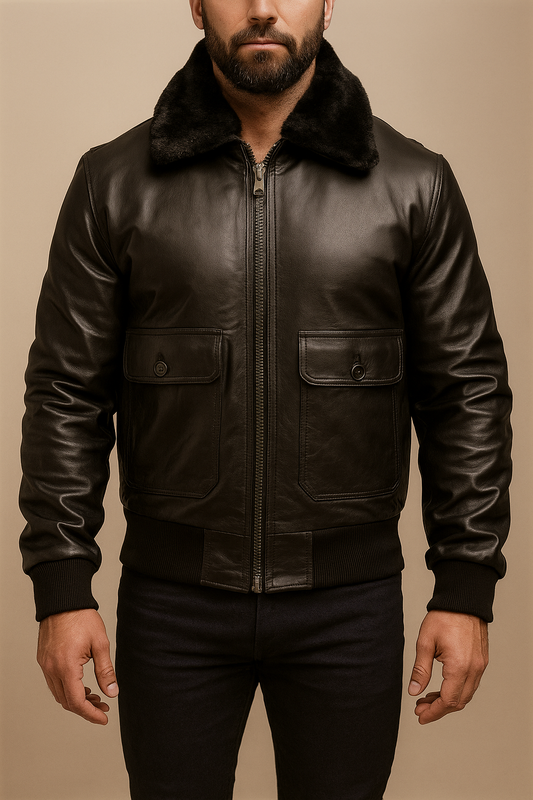 Men’s Black Leather Bomber Jacket, Two-Tone Design & Fur Collar