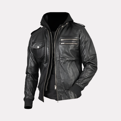 Men's Black Leather Jacket With Hoodie
