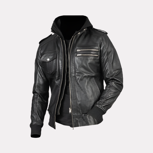 Men's Black Leather Jacket With Hoodie
