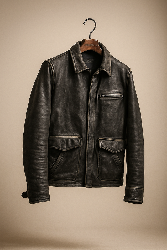 Men’s Black Leather Moto Jacket with Shirt Collar