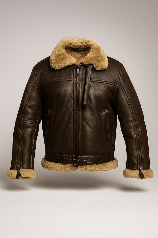 Men’s Brown Sheepskin B-3 Bomber Jacket, Shearling Collar