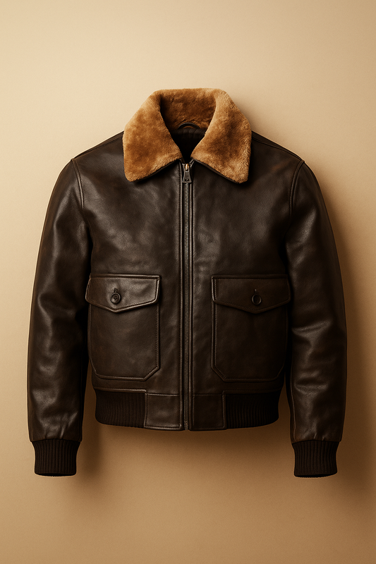 Men’s Brown Two-Tone Leather Bomber, Fur Collar