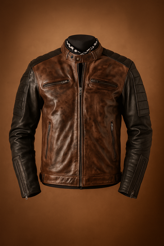 Men’s Dual Tone Waxed Leather Jacket - Brown & Black Vintage Biker Style
