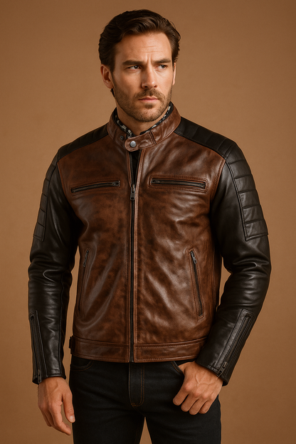 Men’s Dual Tone Waxed Leather Jacket - Brown & Black Vintage Style