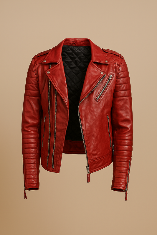 Men’s Red Leather Moto Jacket - Double-Breasted Biker Style