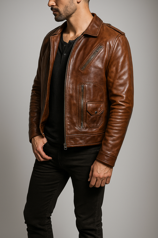 Mens Brown Leather Motorcycle Jacket