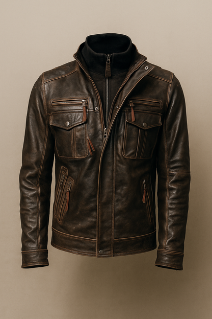 Nightspur Distressed Black Leather Motorcycle Jacket with Multiple Pockets