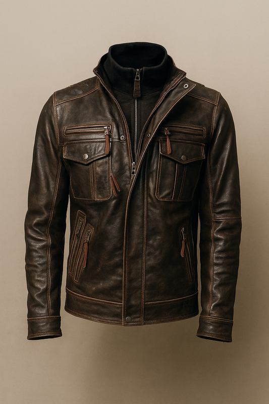 Nightspur Distressed Black Leather Motorcycle Jacket with Multiple Pockets