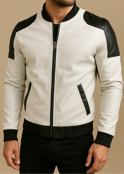 Off white Geniune leather bomber jacket