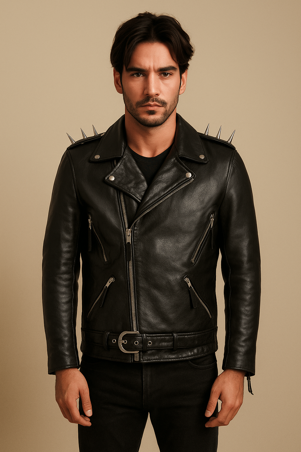 Premium Gothic Cowhide Biker Jacket Spikes